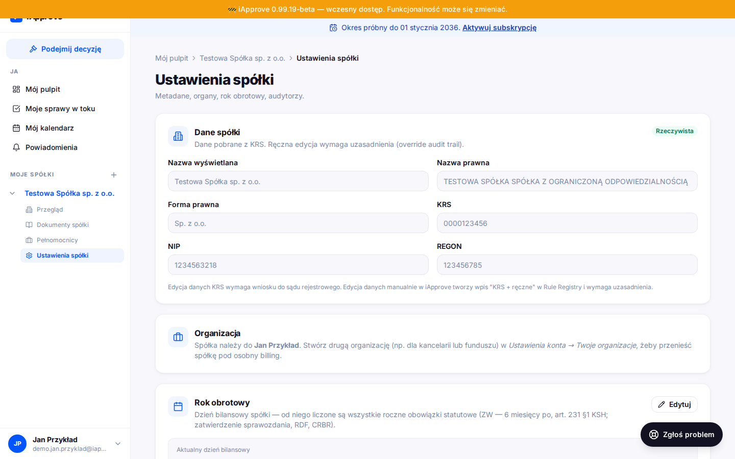 Ustawienia spółki