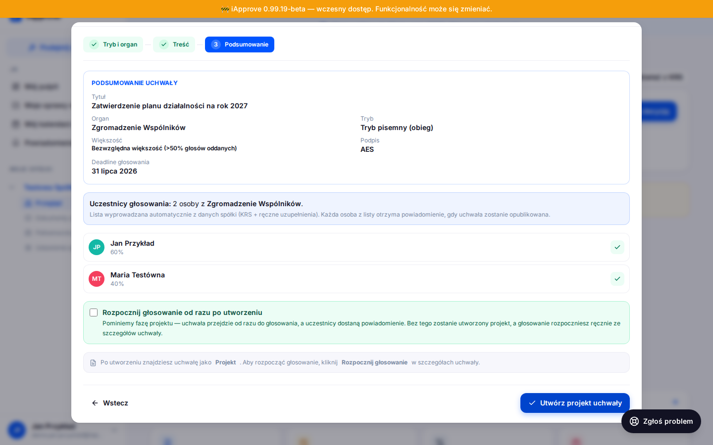 Podsumowanie — lista głosujących